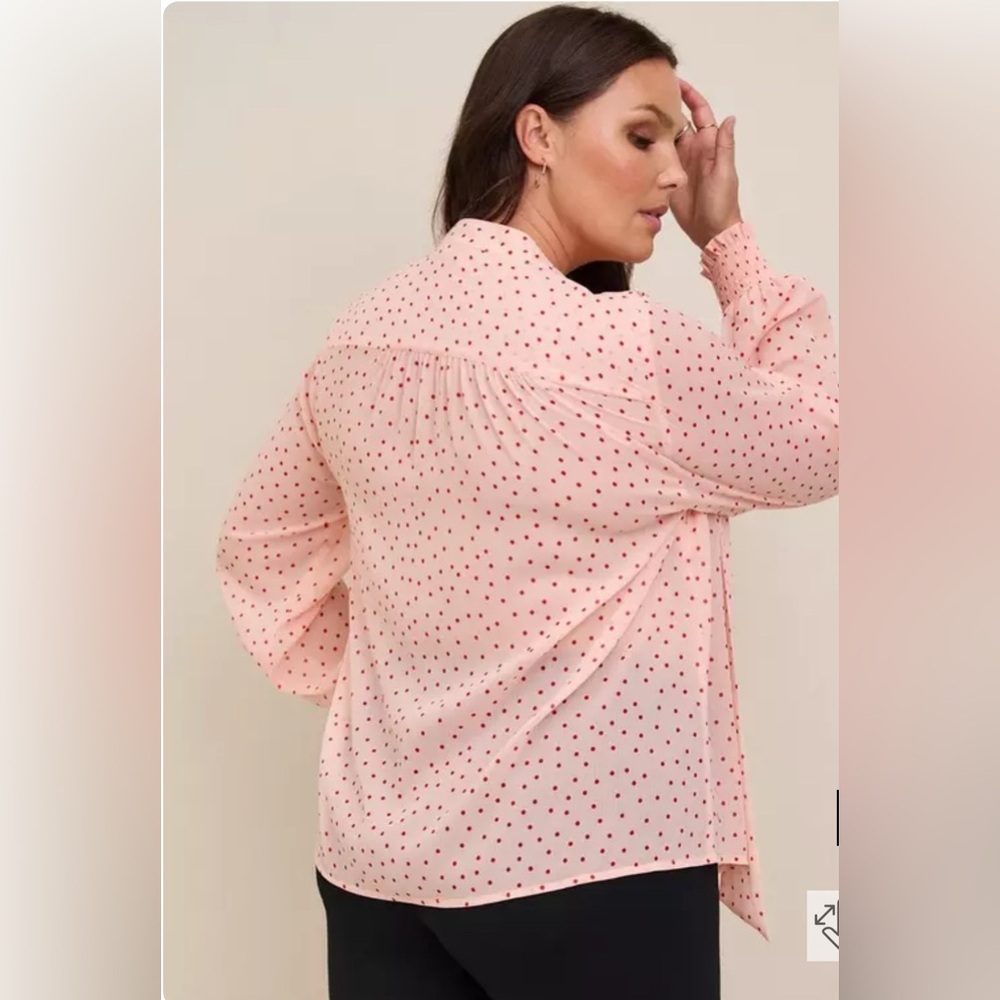 torrid Pink Polka Dot Tie-Neck Blouse with Red Dots - Picture 4 of 14
